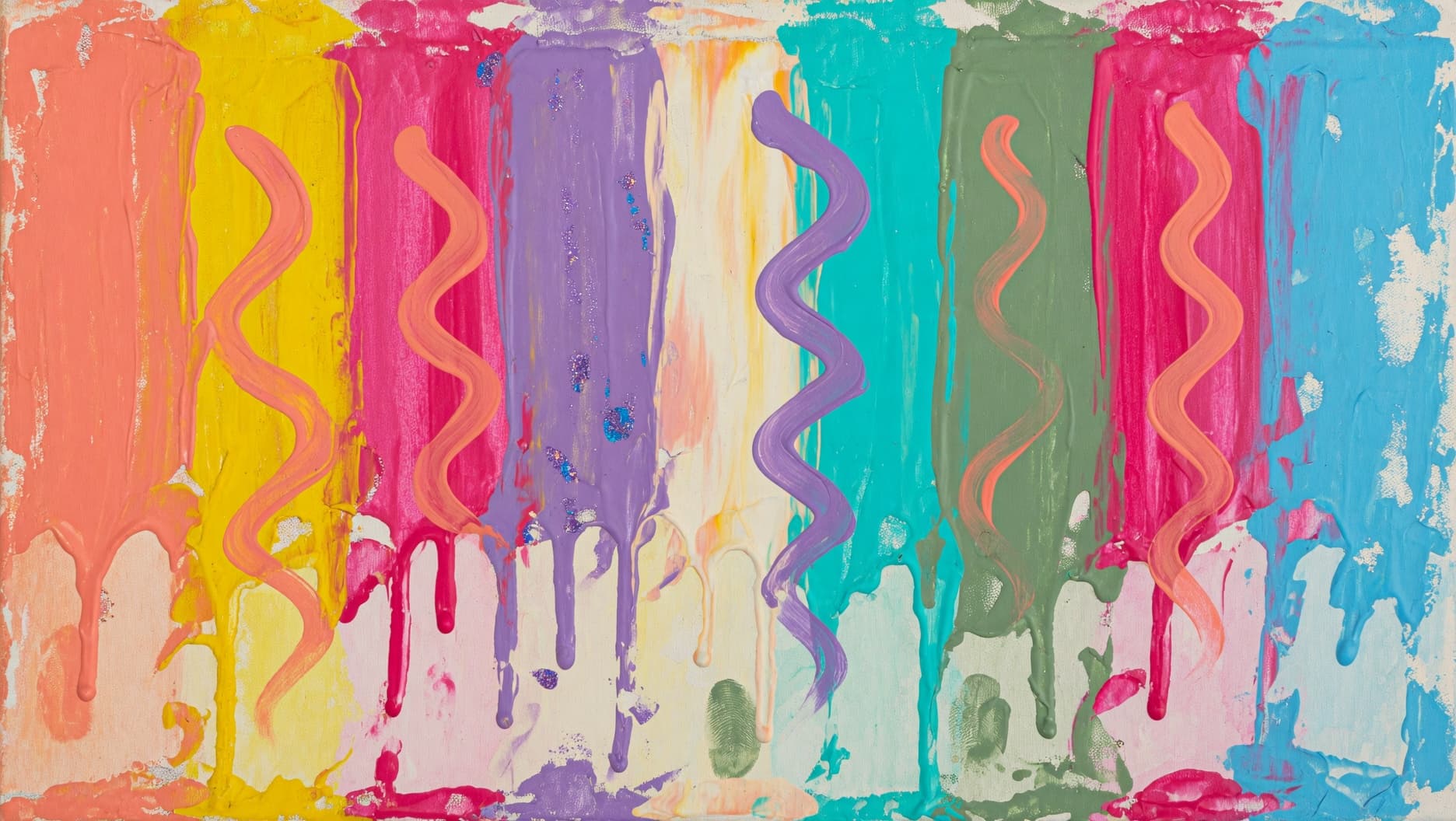 A painted abstract banner of vivid vertical brush-stripes — coral, sunshine yellow, hot pink, hair-violet, cream, electric turquoise, sage, magenta, sky blue — with thick paint drips at the base.