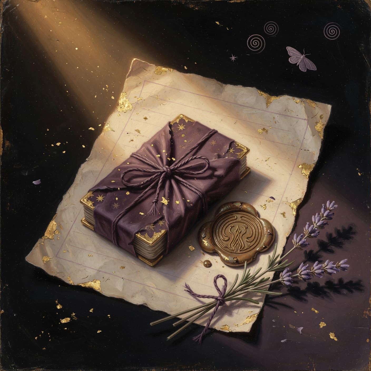 A small wrapped book — purple paper tied with cord and sealed with a wax stamp — set on torn parchment with sprigs of lavender and pressed flora, dust catching a single shaft of light.