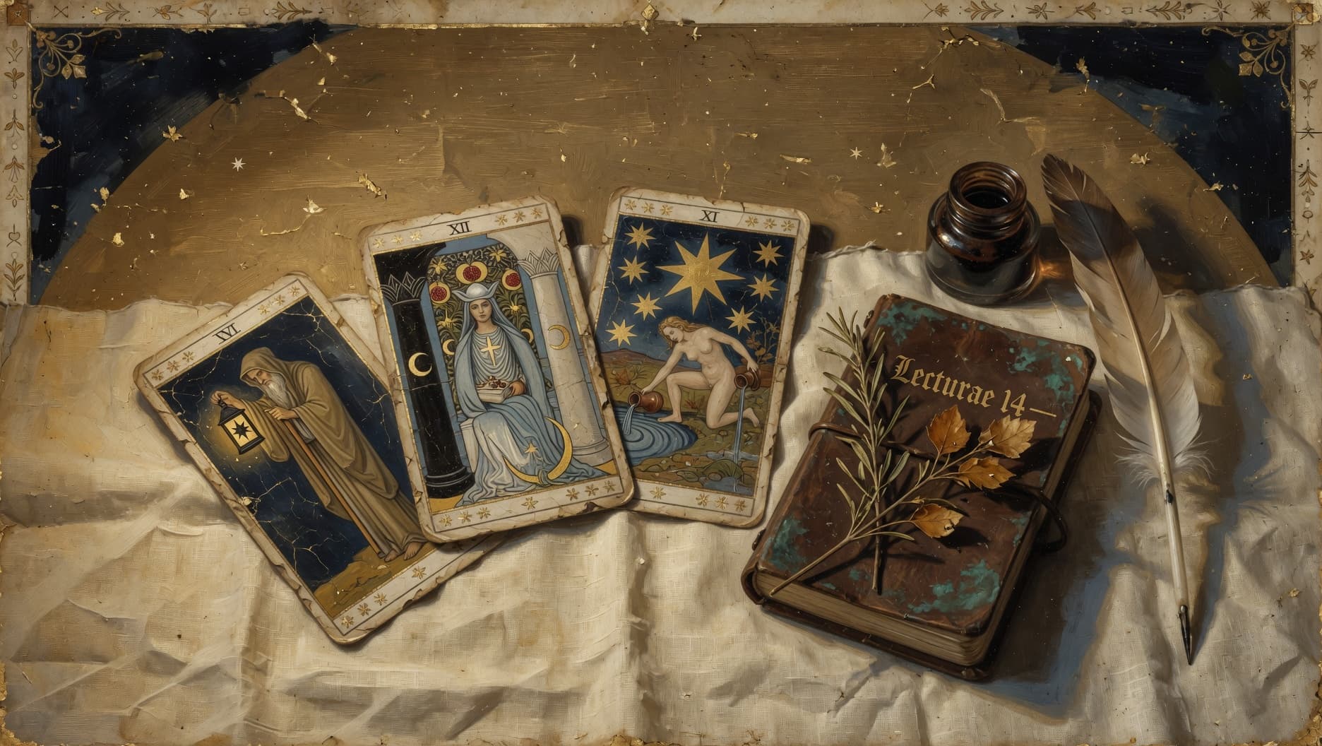 A worn beam of moonlight falls across a slight altar — a beeswax candle, a single gold-tooled card, and a small ceramic bowl — in a cell whose walls show veins of verdigris.