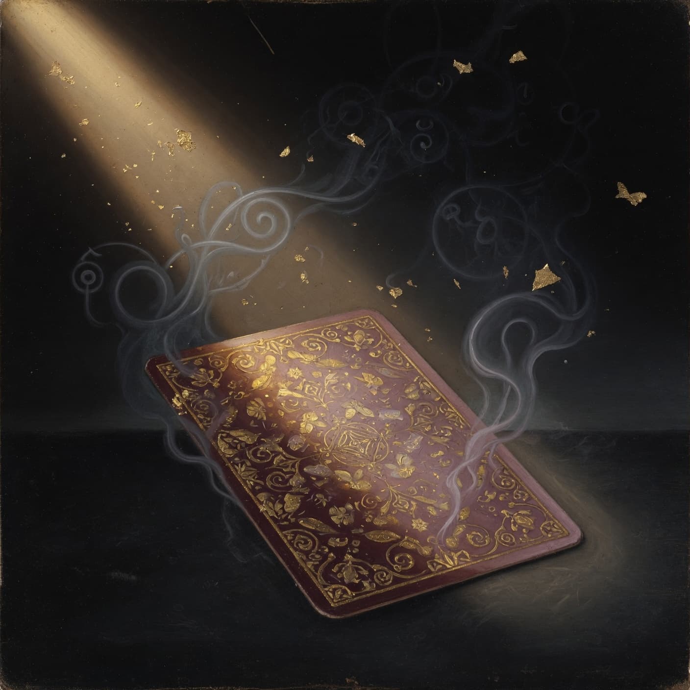 A tarot spread laid on linen — three card faces (the Hermit, the Hanged figure, the Star) above an inkwell, quill, and a leatherbound book titled Lecturae 14, with sprigs of herb pressed against it. Painted in the deep blues of night with gold-leaf flecks.