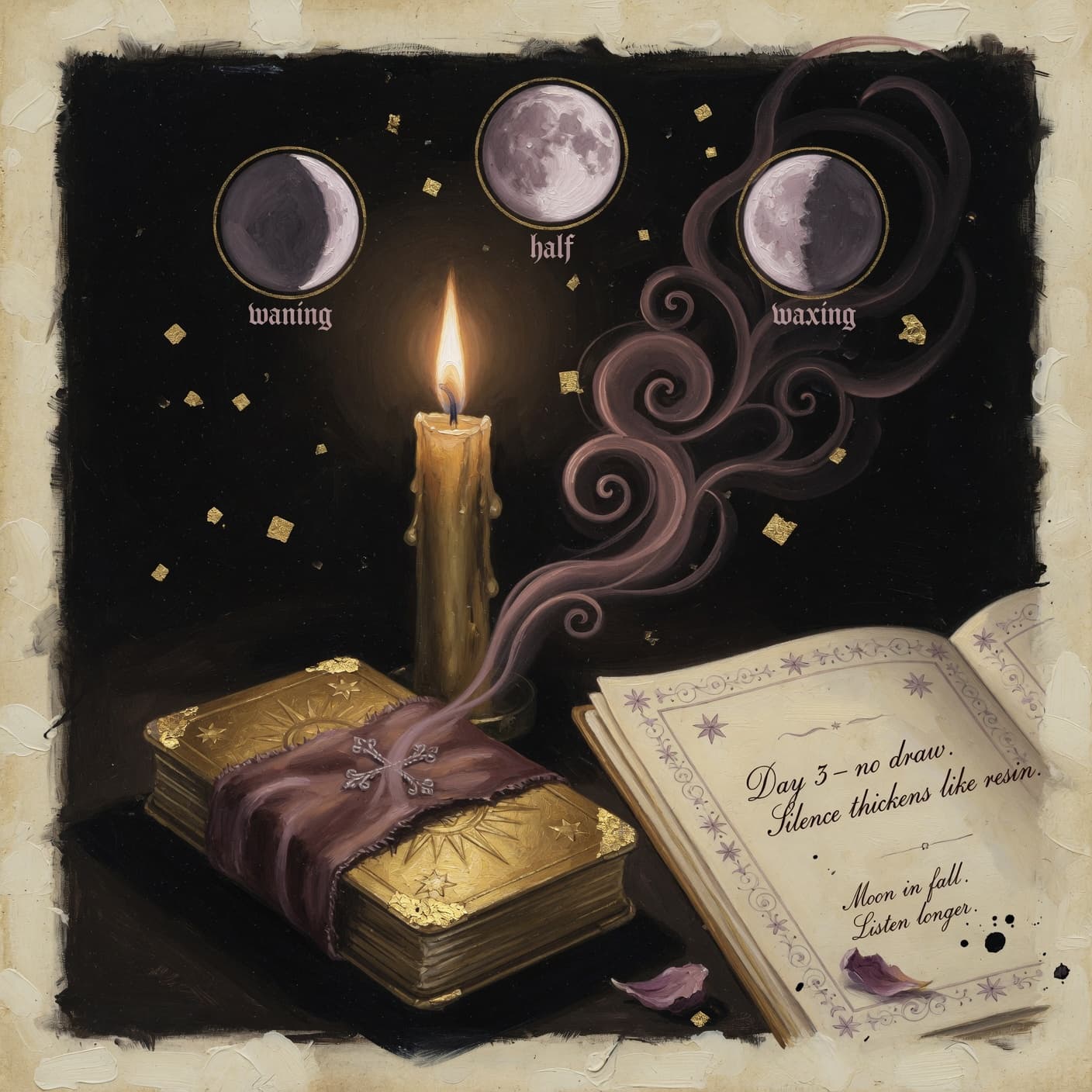 A lit candle in a brass holder casts smoke that twists into curling forms beside a gold-clasped book and an open journal reading 'Day 3 — no draw. Silence thickens like resin. Moon in fall. Listen longer.' A trio of moon-phase medallions watches from above.
