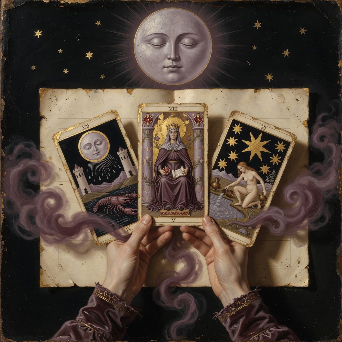A single ornate burgundy card edged in gold and butterfly motifs, lit from above by a warm beam, with smoke curling around it and gold-leaf flakes in the air.