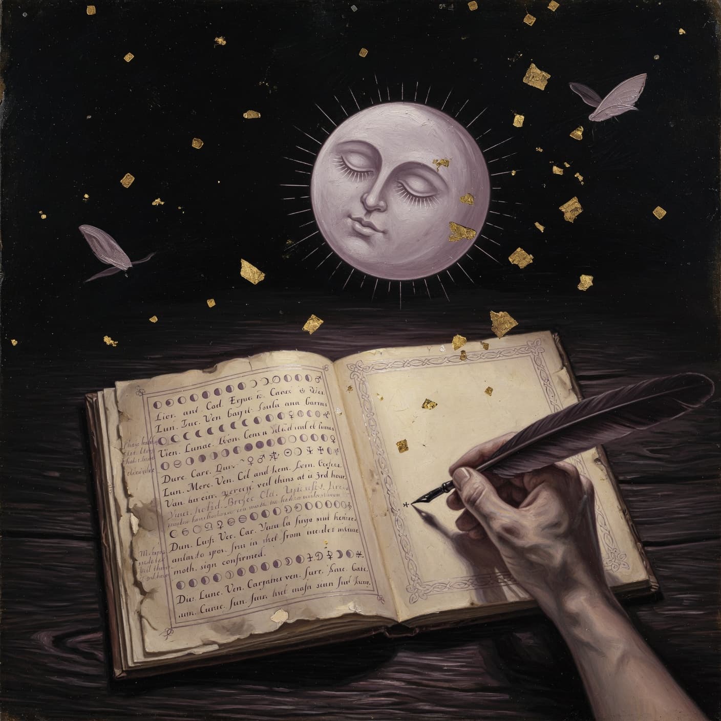 An open hand-bound almanac with celestial notation on a dark wood surface, a hand mid-write with an ink-dipped quill, a full moon with a serene closed-eye face above, and two pale moths in the obsidian air.