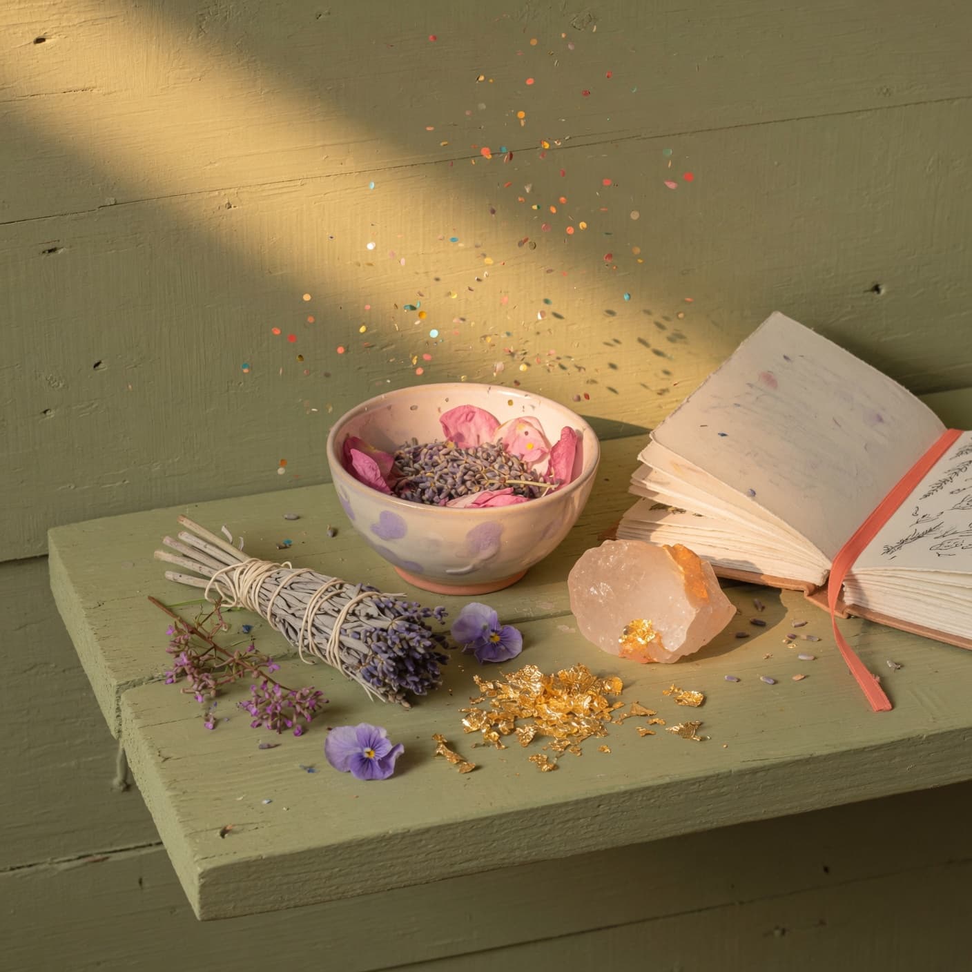 A small altar in late-afternoon light: a sage-olive wood plank surface, a ceramic bowl with dried lavender and rose petals, a smudge bundle of sage tied with cream cord, a single open hand-bound book with a coral ribbon bookmark, sprigs of pressed violets, a small pile of bright-gold leaf flakes, and a clear quartz crystal. A scatter of glitter particles drifts above the altar in coral, sunshine, and turquoise.