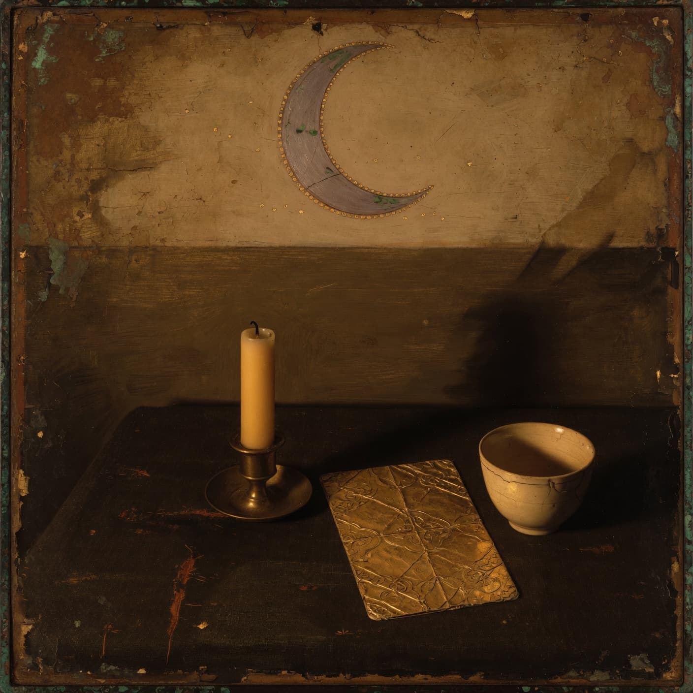 A small altar at night: a single unlit beeswax candle, a face-down gold-foil tarot card, an empty teacup, beneath a hand-painted crescent moon. Quiet, still, waiting.
