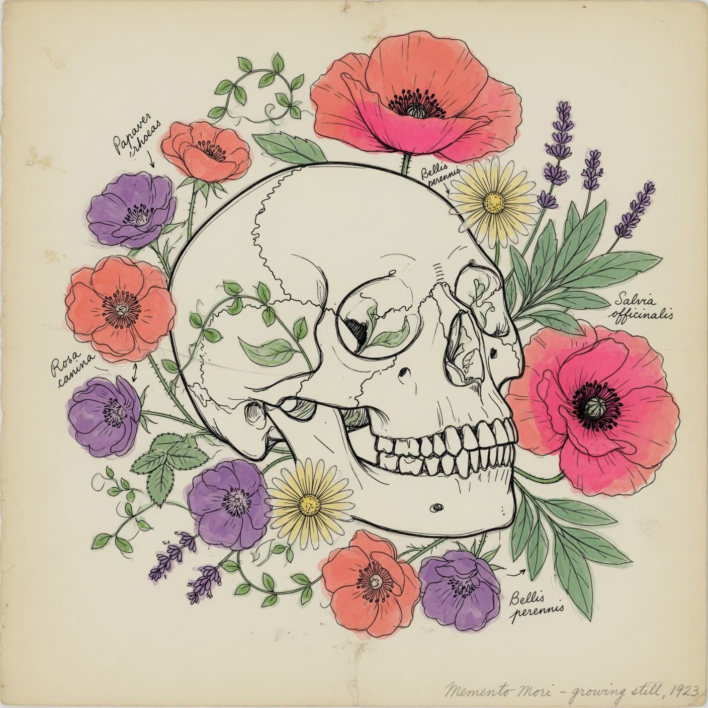 A vintage anatomical skull rendered in pen-and-ink line work, surrounded by a wreath of poppies, daisies, hair-violet flowers, and sage leaves with botanical Latin labels. Cream paper background. The header for the lines Michelle draws.